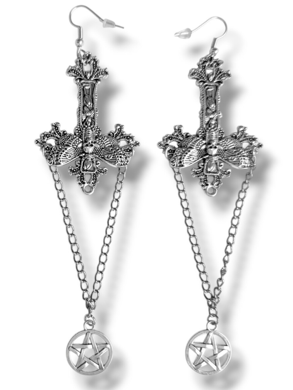NWT Handmade Silver Death Moth Inverted Cross Pentagram Earrings